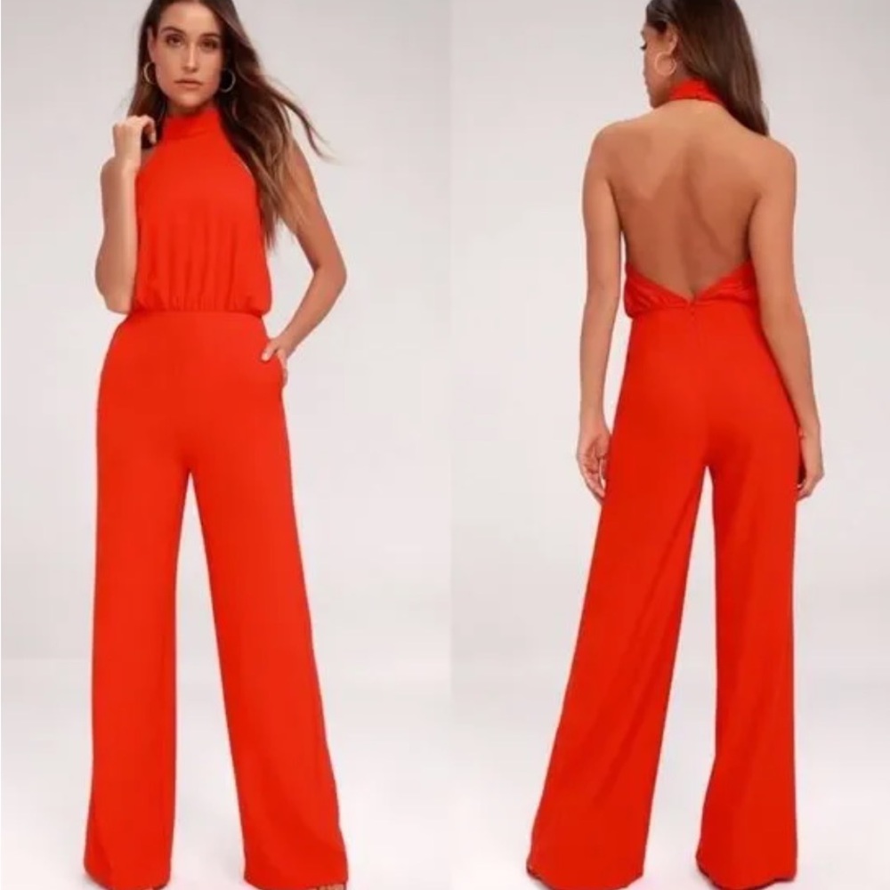 Lulu halter red jumpsuit, size large